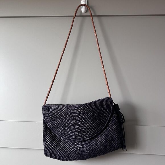 Mar Y Sol Shoulder Bag Womens Navy Blue Woven Raffia Crossbody Tassel Handmade - Picture 1 of 13